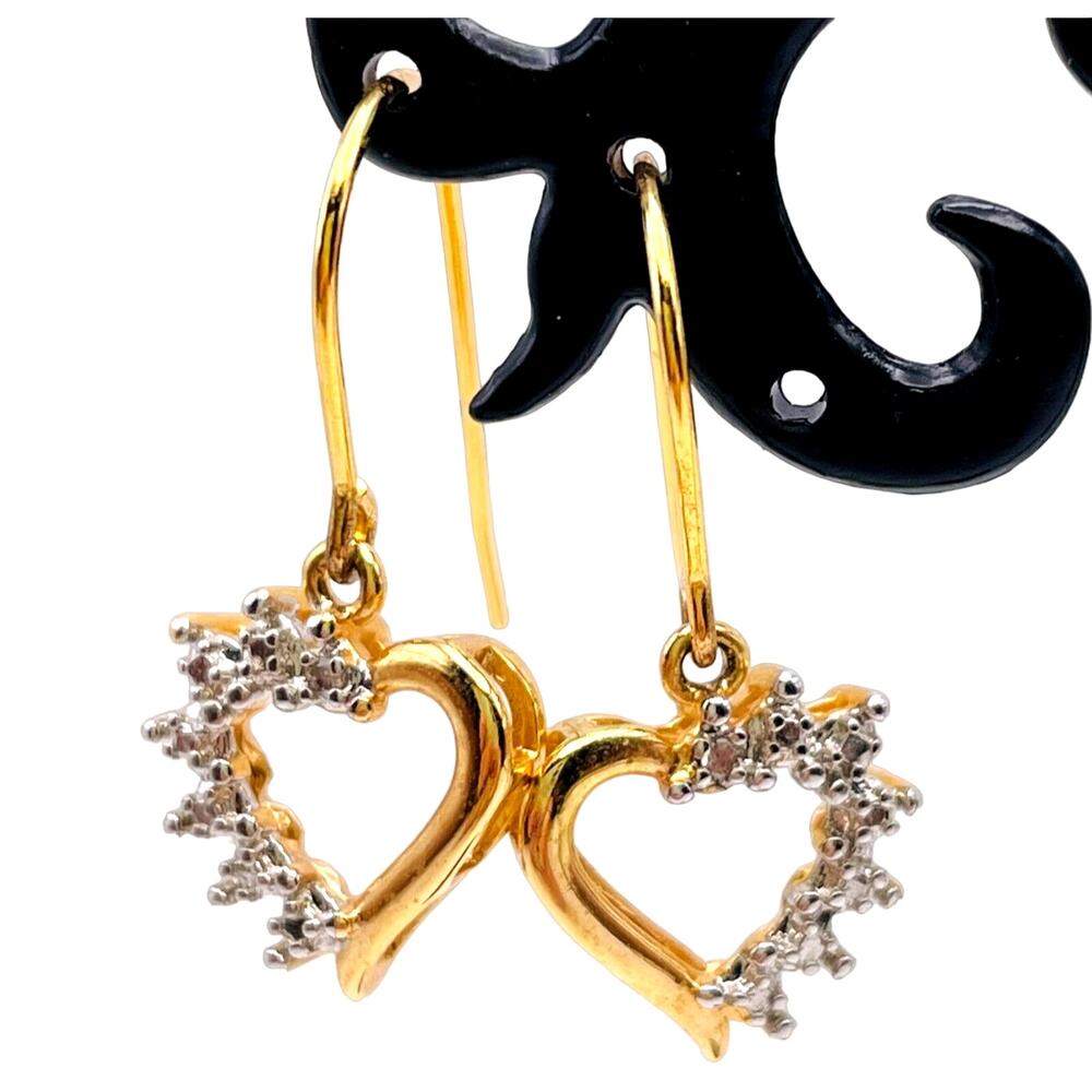 925 Sterling Silver Heart Earrings Yellow Gold Vermeil Signed Pierced Ears Drop